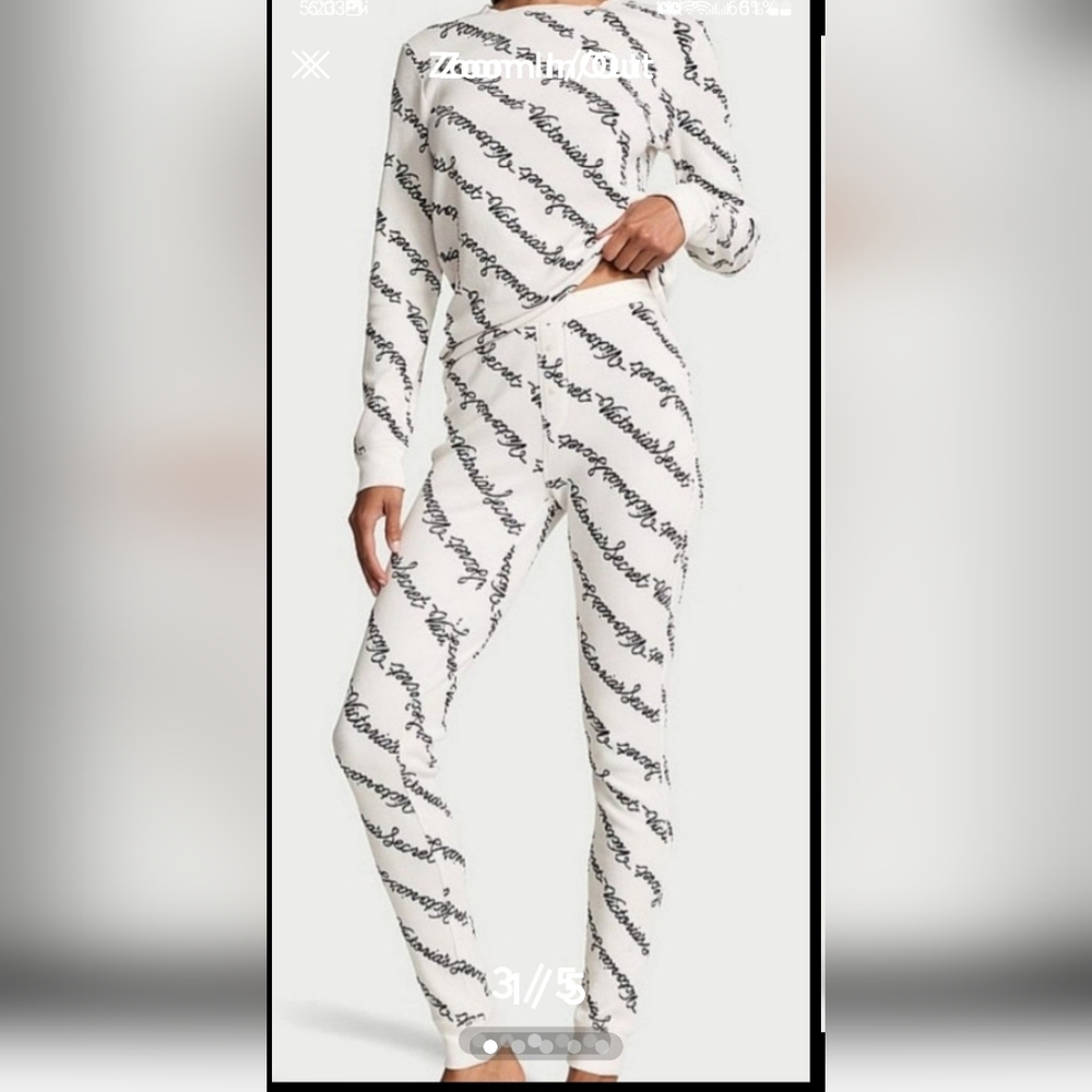 NWT Victoria's Secret Pajama Thermal 2 Pc Set White and Black Sz Med